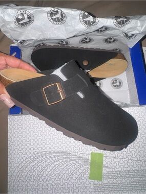 Birkenstock Black Suede Buckle Clog Mule